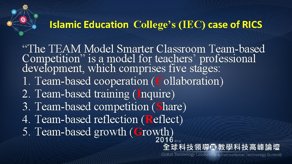 Islamic Education College’s (IEC) case of RICS “The TEAM Model Smarter Classroom Team-based Competition”