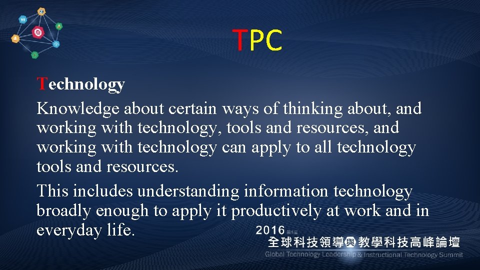 TPC Technology Knowledge about certain ways of thinking about, and working with technology, tools