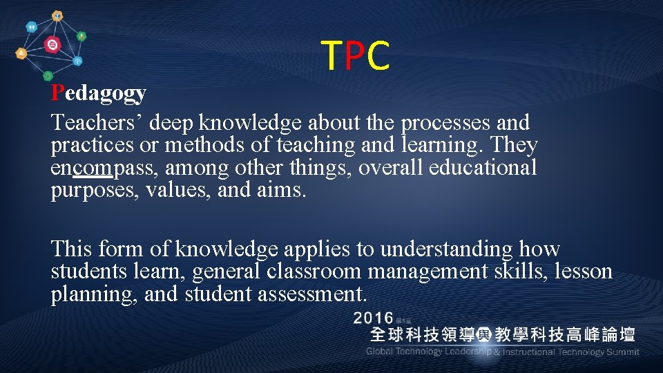 TPC Pedagogy Teachers’ deep knowledge about the processes and practices or methods of teaching