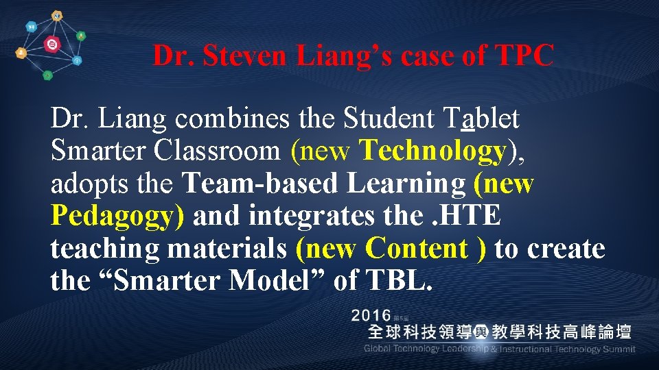 Dr. Steven Liang’s case of TPC Dr. Liang combines the Student Tablet Smarter Classroom