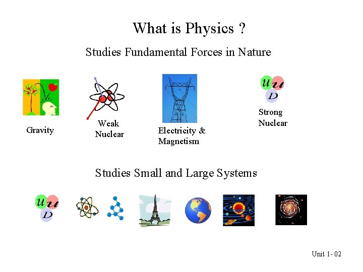 What is Physics ? Studies Fundamental Forces in Nature Gravity Weak Nuclear Electricity &