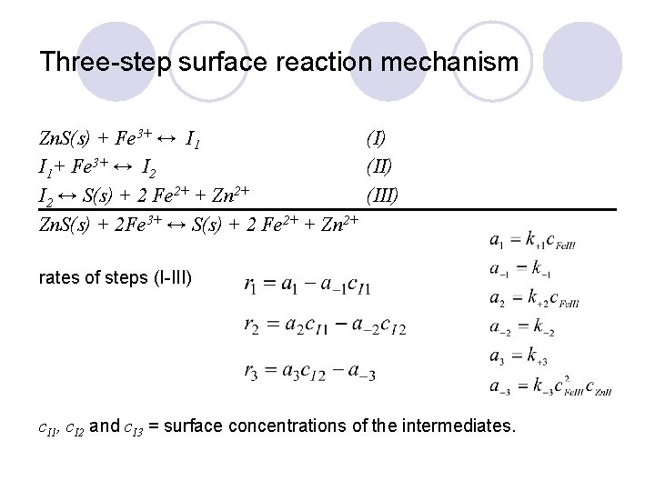 Three-step surface reaction mechanism Zn. S(s) + Fe 3+ ↔ I 1 (I) I