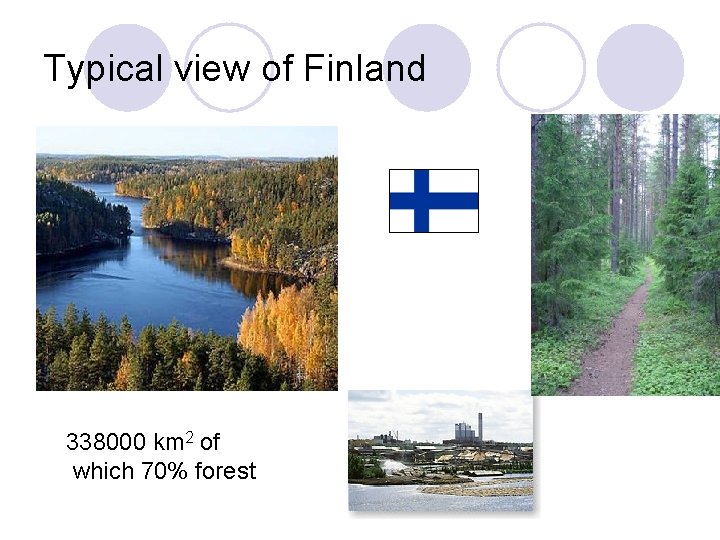 Typical view of Finland 338000 km 2 of which 70% forest 