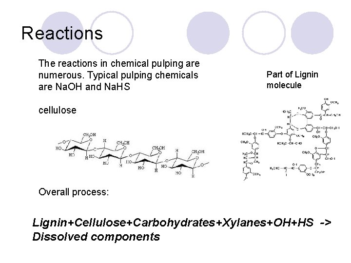 Reactions The reactions in chemical pulping are numerous. Typical pulping chemicals are Na. OH