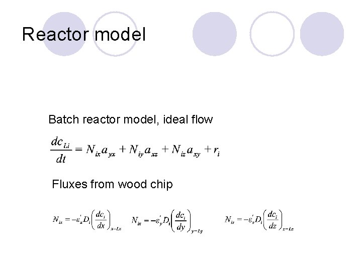 Reactor model Batch reactor model, ideal flow Fluxes from wood chip 