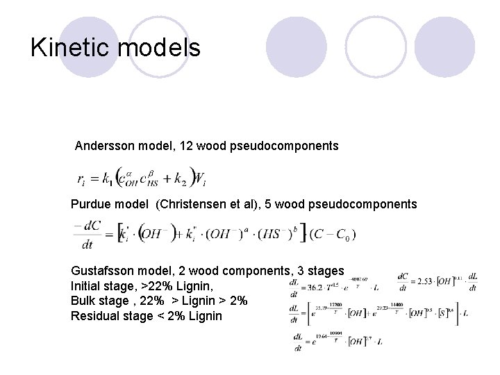 Kinetic models Andersson model, 12 wood pseudocomponents Purdue model (Christensen et al), 5 wood