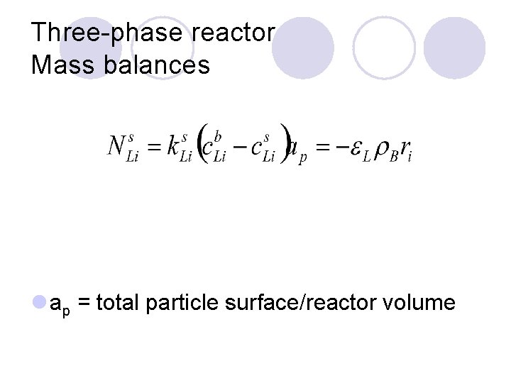 Three-phase reactor Mass balances l ap = total particle surface/reactor volume 