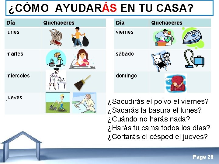 ¿CÓMO AYUDARÁS EN TU CASA? Día Quehaceres Día lunes viernes martes sábado miércoles domingo