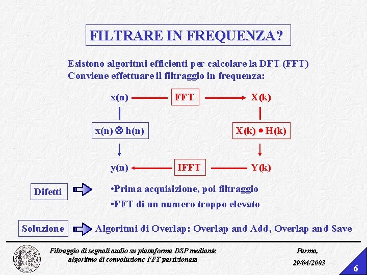 FILTRARE IN FREQUENZA? Esistono algoritmi efficienti per calcolare la DFT (FFT) Conviene effettuare il