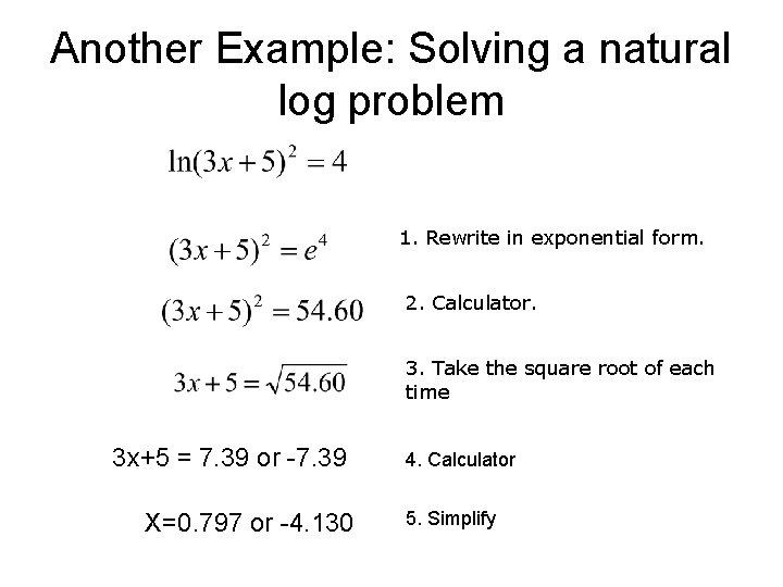 Another Example: Solving a natural log problem 1. Rewrite in exponential form. 2. Calculator.