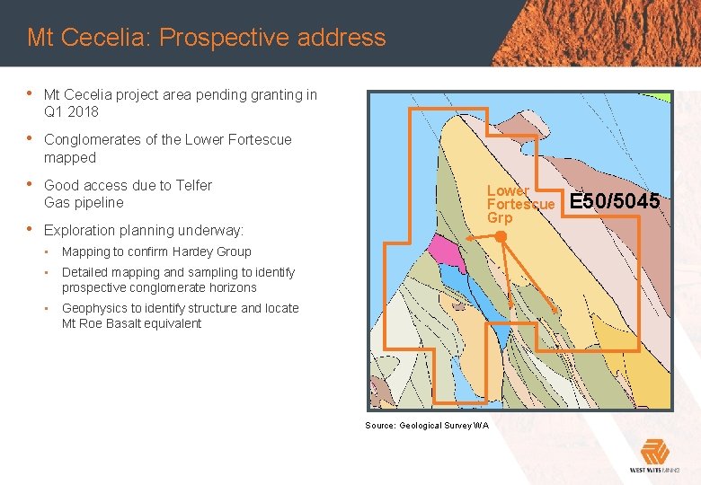 Mt Cecelia: Prospective address Main heading • Mt Cecelia project area pending granting in