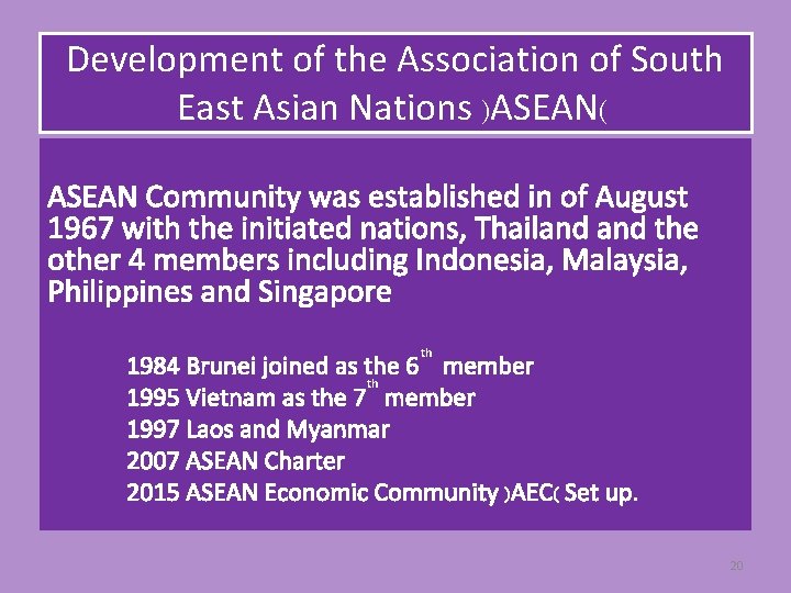 Development of the Association of South East Asian Nations )ASEAN( ASEAN Community was established