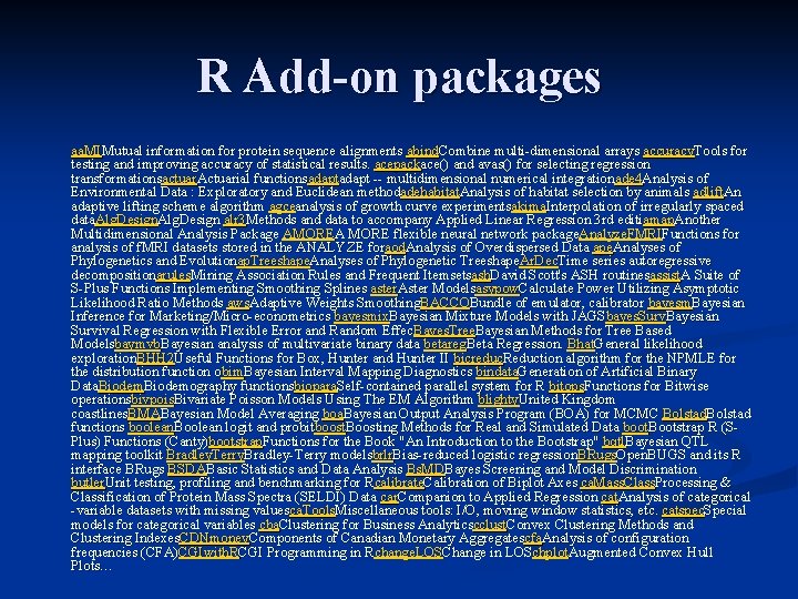 R Add-on packages aa. MIMutual information for protein sequence alignments abind. Combine multi-dimensional arrays