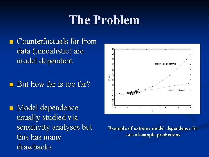 The Problem n Counterfactuals far from data (unrealistic) are model dependent n But how