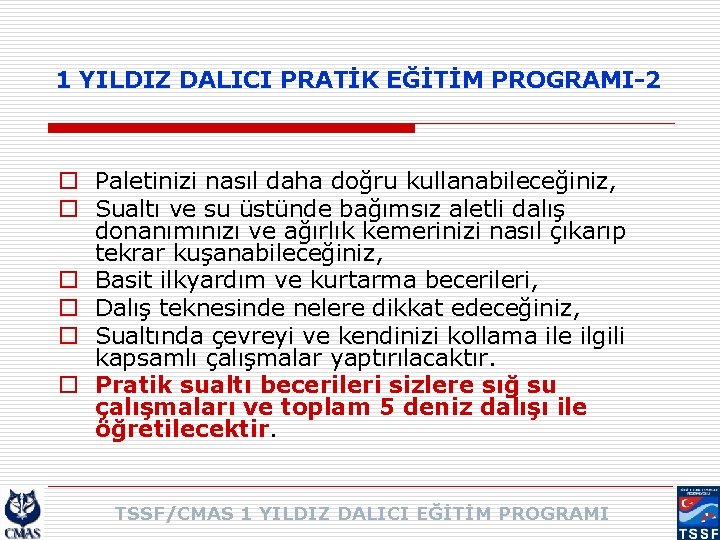 1 YILDIZ DALICI PRATİK EĞİTİM PROGRAMI-2 o Paletinizi nasıl daha doğru kullanabileceğiniz, o Sualtı