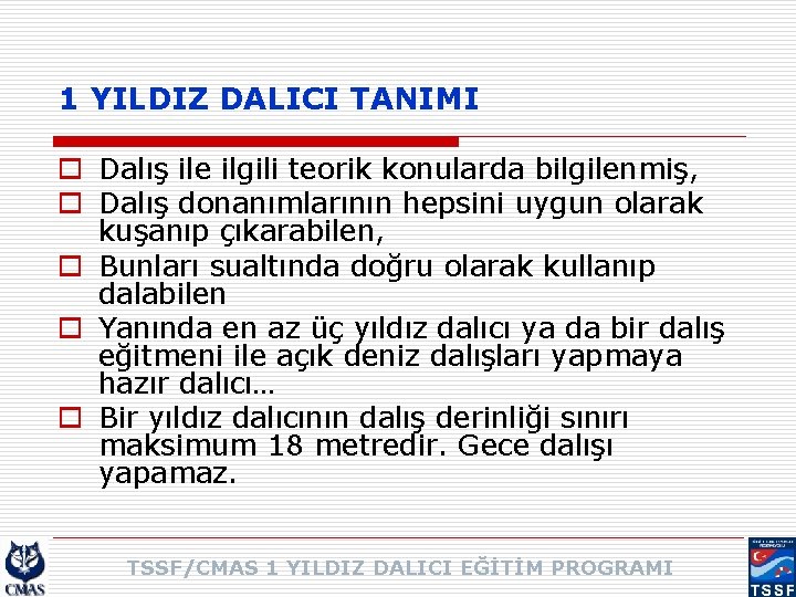 1 YILDIZ DALICI TANIMI o Dalış ile ilgili teorik konularda bilgilenmiş, o Dalış donanımlarının