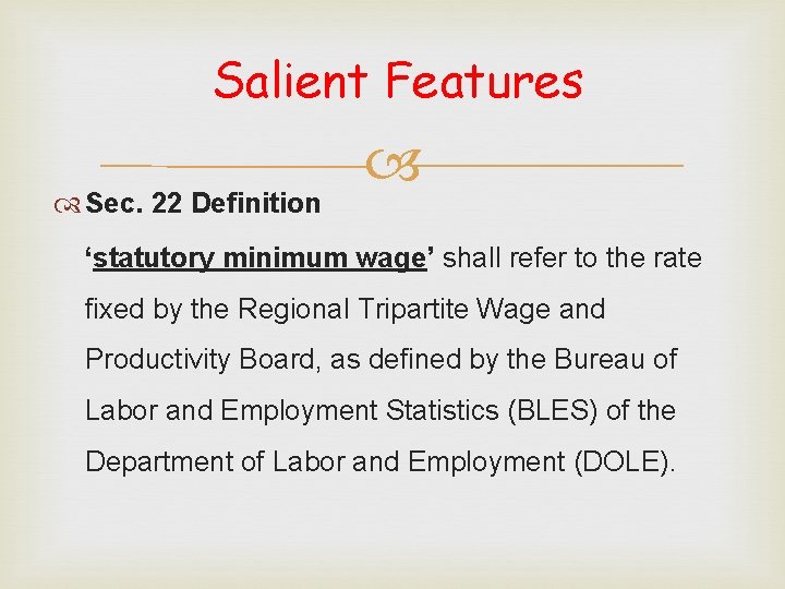 Salient Features Sec. 22 Definition ‘statutory minimum wage’ shall refer to the rate fixed