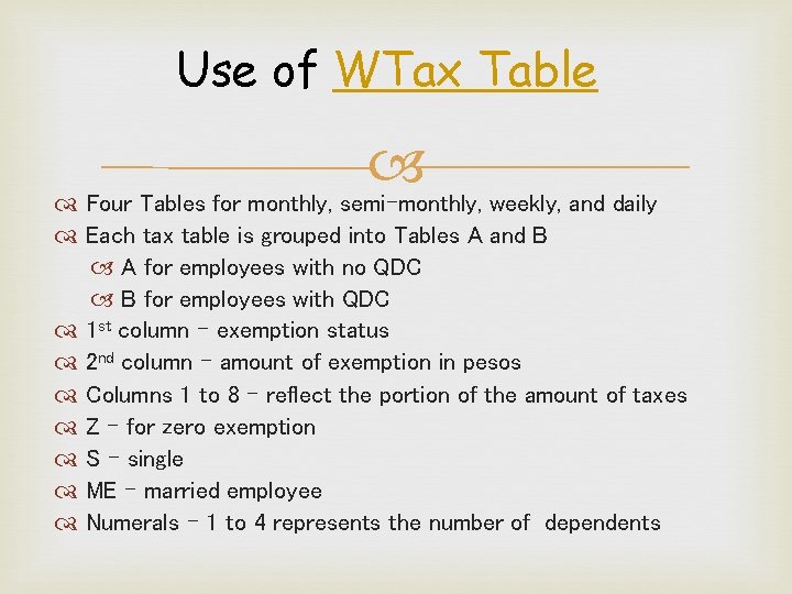 Use of WTax Table Four Tables for monthly, semi-monthly, weekly, and daily Each tax