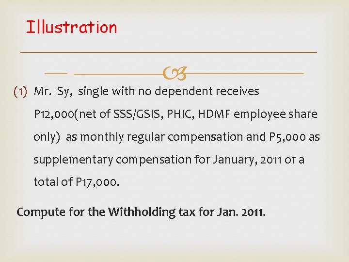 Illustration (1) Mr. Sy, single with no dependent receives P 12, 000(net of SSS/GSIS,