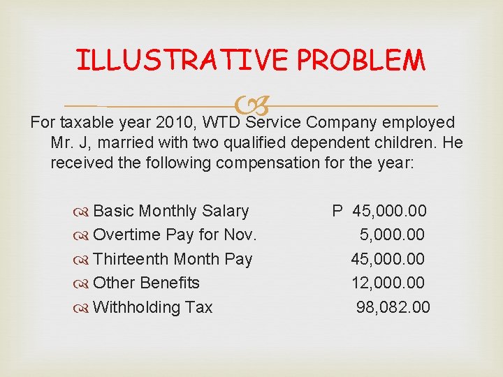 ILLUSTRATIVE PROBLEM For taxable year 2010, WTD Service Company employed Mr. J, married with