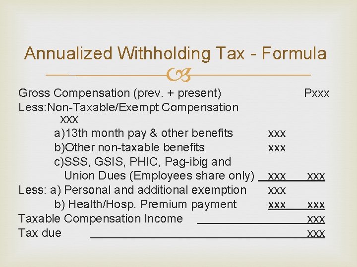 Annualized Withholding Tax - Formula Gross Compensation (prev. + present) Less: Non-Taxable/Exempt Compensation xxx