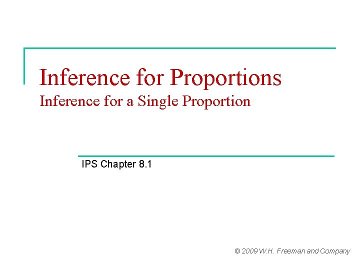 Inference for Proportions Inference for a Single Proportion IPS Chapter 8. 1 © 2009