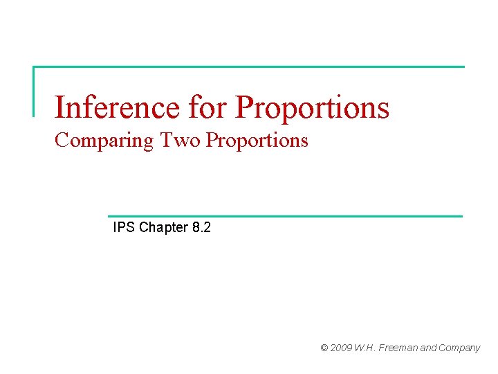 Inference for Proportions Comparing Two Proportions IPS Chapter 8. 2 © 2009 W. H.