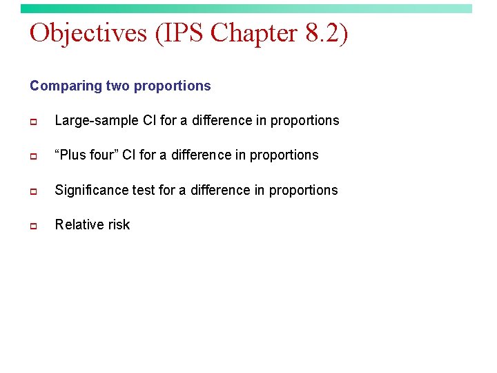 Objectives (IPS Chapter 8. 2) Comparing two proportions p Large-sample CI for a difference