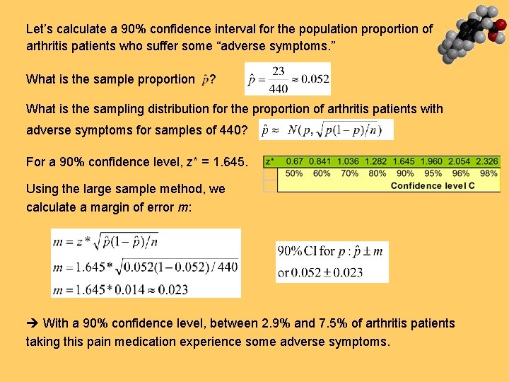 Let’s calculate a 90% confidence interval for the population proportion of arthritis patients who