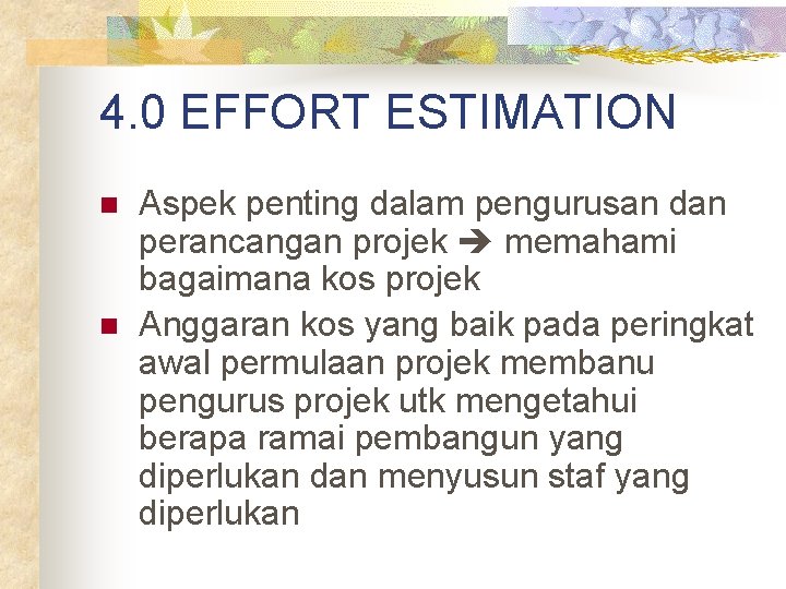4. 0 EFFORT ESTIMATION n n Aspek penting dalam pengurusan dan perancangan projek memahami