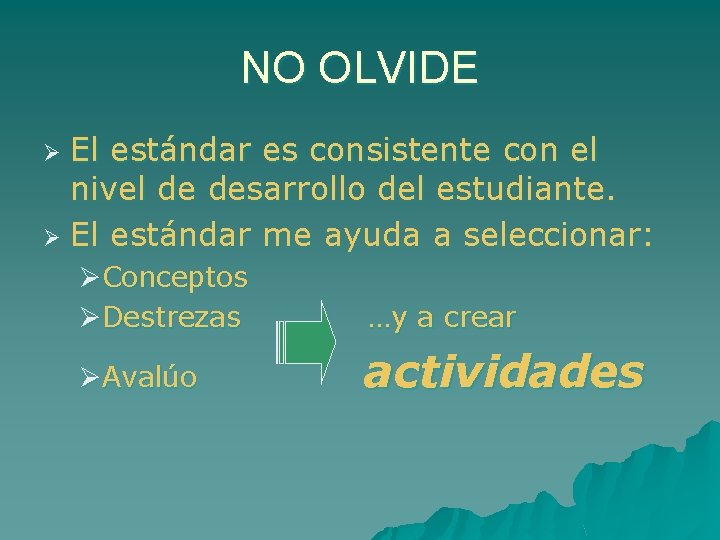 NO OLVIDE El estándar es consistente con el nivel de desarrollo del estudiante. Ø