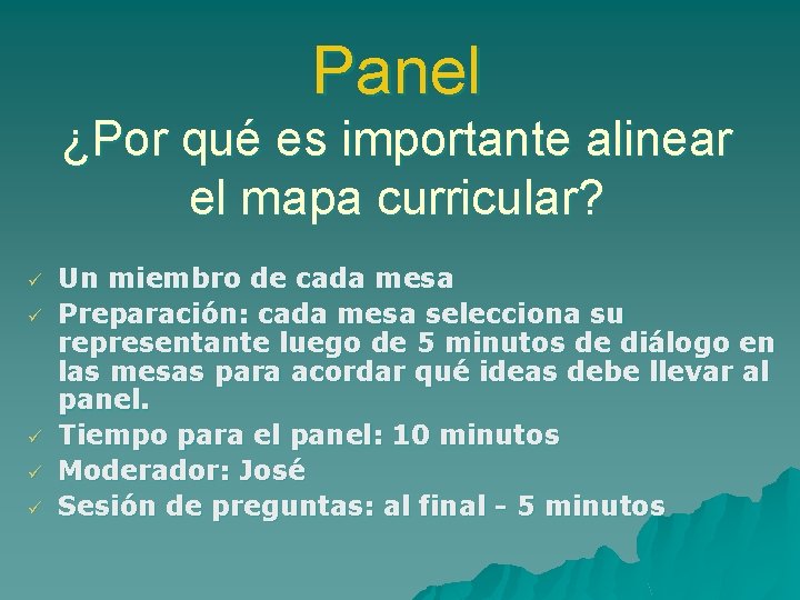 Panel ¿Por qué es importante alinear el mapa curricular? ü ü ü Un miembro