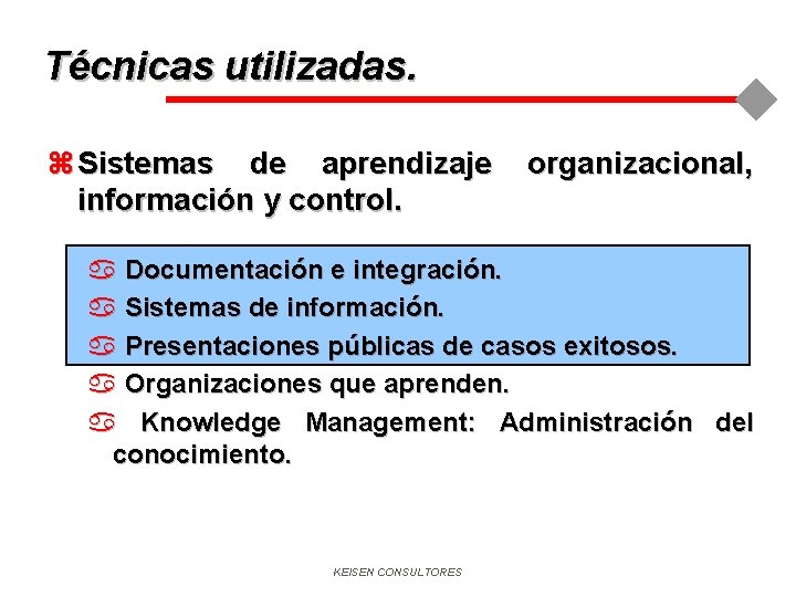 Técnicas utilizadas. z Sistemas de aprendizaje organizacional, información y control. a Documentación e integración.