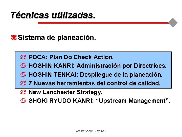 Técnicas utilizadas. z Sistema de planeación. a PDCA: Plan Do Check Action. a HOSHIN