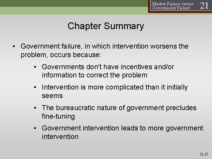 Market Failure versus Government Failure 21 Chapter Summary • Government failure, in which intervention