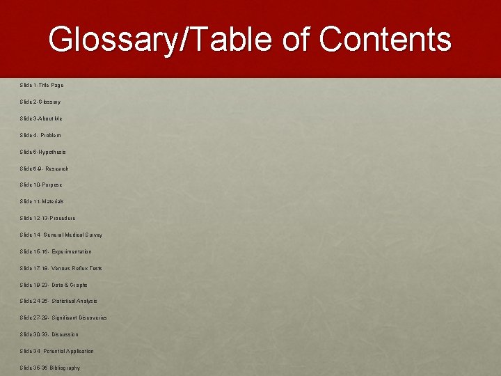 Glossary/Table of Contents Slide 1 -Title Page Slide 2 -Glossary Slide 3 -About Me