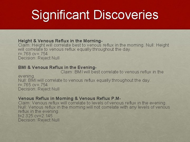 Significant Discoveries Height & Venous Reflux in the Morning. Claim: Height will correlate best