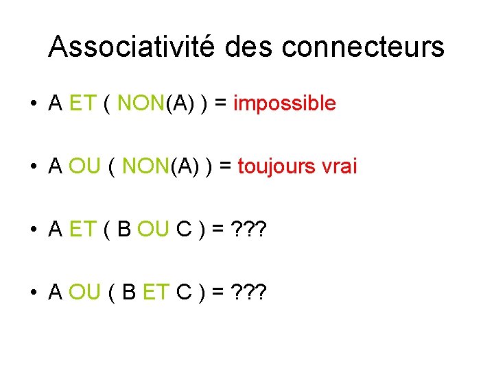 Associativité des connecteurs • A ET ( NON(A) ) = impossible • A OU Associativité des connecteurs • A ET ( NON(A) ) = impossible • A OU