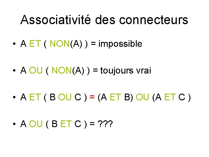 Associativité des connecteurs • A ET ( NON(A) ) = impossible • A OU Associativité des connecteurs • A ET ( NON(A) ) = impossible • A OU