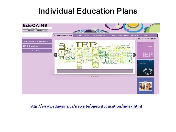 Individual Education Plans http: //www. edugains. ca/newsite/Special. Education/index. html 