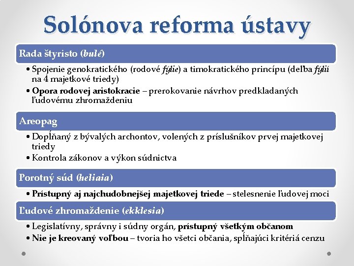 Solónova reforma ústavy Rada štyristo (bulé) • Spojenie genokratického (rodové fýlie) a timokratického princípu