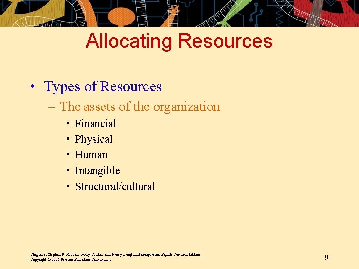 Allocating Resources • Types of Resources – The assets of the organization • •