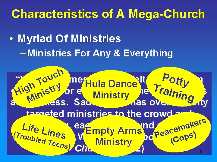 Characteristics of A Mega-Church • Myriad Of Ministries – Ministries For Any & Everything