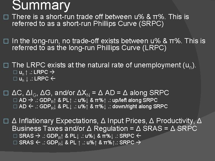 Summary � There is a short-run trade off between u% & π%. This is