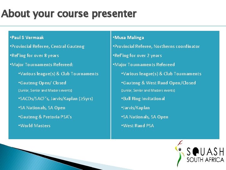 About your course presenter • Paul S Vermaak • Musa Malinga • Provincial Referee,