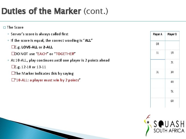 Duties of the Marker (cont. ) � The Score ◦ Server’s score is always