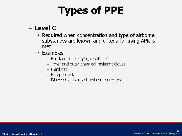 Types of PPE – Level C • Required when concentration and type of airborne