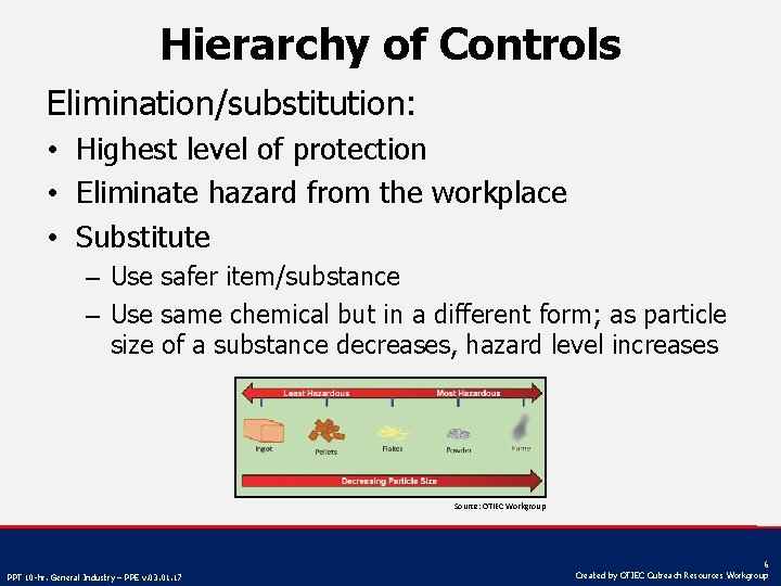 Hierarchy of Controls Elimination/substitution: • Highest level of protection • Eliminate hazard from the