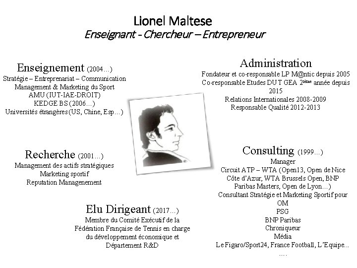 Lionel Maltese Enseignant - Chercheur – Entrepreneur Enseignement (2004…) Stratégie – Entreprenariat – Communication
