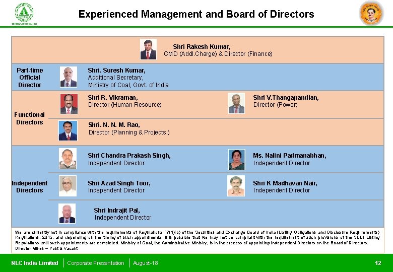 Experienced Management and Board of Directors Shri Rakesh Kumar, CMD (Addl. Charge) & Director